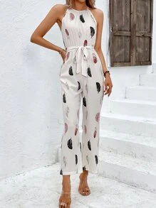 SHEIN LUNE Feather Print Belted Halter Jumpsuit