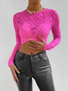 SHEIN Privé 滿版印花短款網紗上衣不附胸罩 - 玫紅色 - 查看 5