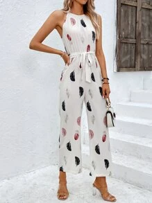 SHEIN LUNE Feather Print Belted Halter Jumpsuit