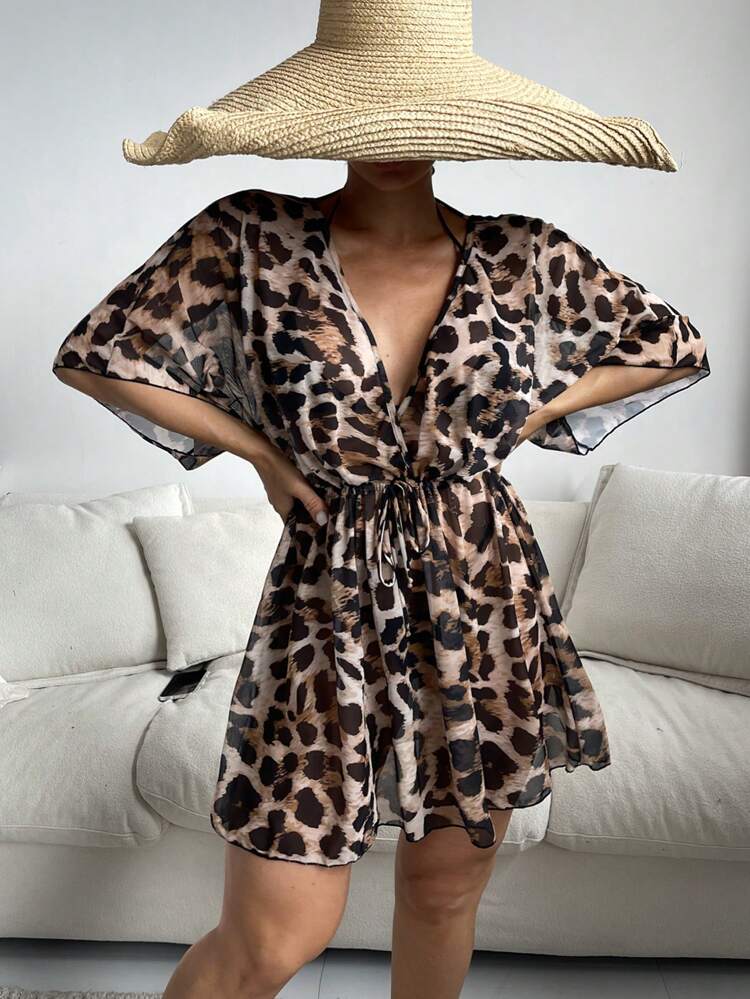 2025 Leopard Print Batwing Sleeve Drawstring Waist Beach Cover Up Summer