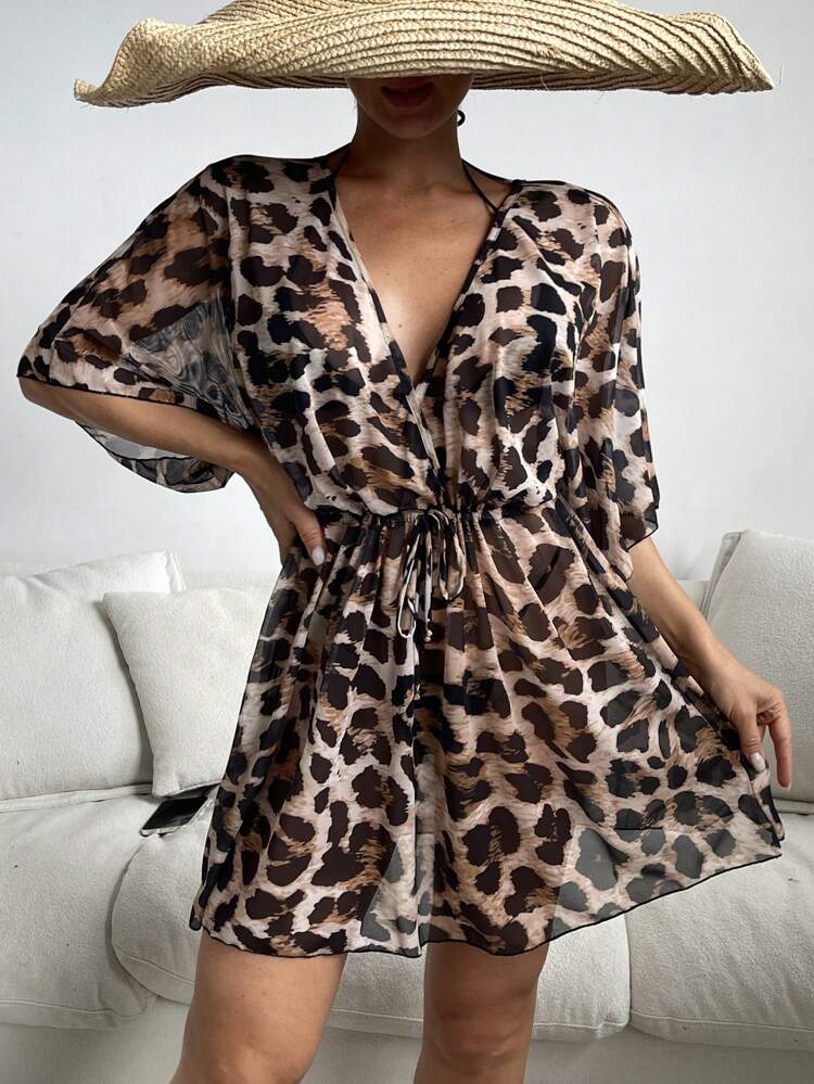 2025 Leopard Print Batwing Sleeve Drawstring Waist Beach Cover Up Summer