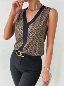 SHEIN LUNE Allover Print Contrast Trim Blouse - Khaki - View 5