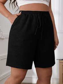 SHEIN EZwear Plus Drawstring Waist Slant Pocket Shorts - Black - View 1