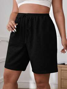 SHEIN EZwear Plus Drawstring Waist Slant Pocket Shorts - Black - View 3