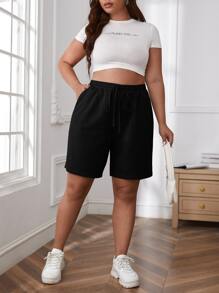 SHEIN EZwear Plus Drawstring Waist Slant Pocket Shorts - Black - View 4
