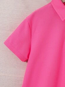 SHEIN Niñas Vestido con estampado de slogan bajo con fruncido - Rosa Fucsia - Ver 3