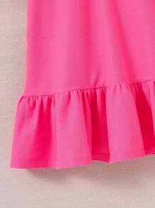 SHEIN Niñas Vestido con estampado de slogan bajo con fruncido - Rosa Fucsia - Ver 4