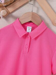 SHEIN Niñas Vestido con estampado de slogan bajo con fruncido - Rosa Fucsia - Ver 5