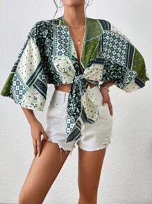 Chiquease Áo nữ Thắt nơ trước Paisley Họa tiết khăn Boho - Nhiều màu - Xem 3