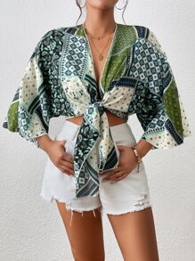 Chiquease Áo nữ Thắt nơ trước Paisley Họa tiết khăn Boho - Nhiều màu - Xem 4