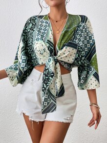 Chiquease Áo nữ Thắt nơ trước Paisley Họa tiết khăn Boho - Nhiều màu - Xem 6