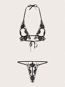 Floral Lace Halter Lingerie Set - Black - View 1
