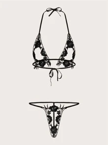 Floral Lace Halter Lingerie Set - Black - View 2