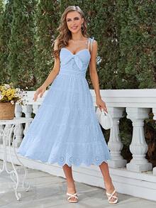 Simplee 肩上打結荷葉邊網眼刺繡吊帶連衣裙 - 淺藍色 - 查看 6