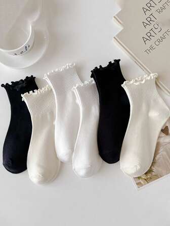 6雙女士木耳邊休閒中筒襪適用於日常