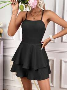 Soleia Tie Backless Two Layer Hem Cami Romper - Black - View 2
