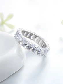 立體切割鋯石鑲嵌銀色婚戒/訂婚戒指新娘珠寶 - 銀色 - 查看 4