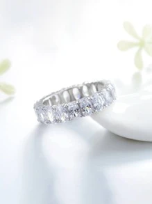 立體切割鋯石鑲嵌銀色婚戒/訂婚戒指新娘珠寶 - 銀色 - 查看 5