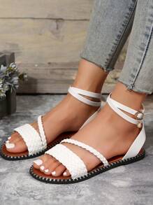 女士編織設計平底度假白色踝帶平底涼鞋 - 白色 - 查看 7