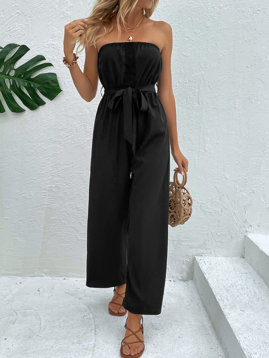 SHEIN Holidaya Solid Belted Tube Jumpsuit - Black - View 1