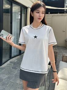 DAZY Áo thun thêu hình ngôi sao Y2k - trắng - Xem 3