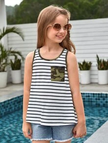 SHEIN Girls 1pc Striped & Camo Print Contrast Binding Tank Top - Multicolor - View 3