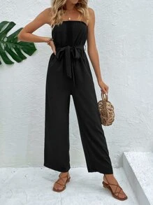 SHEIN Holidaya Solid Belted Tube Jumpsuit - Black - View 4