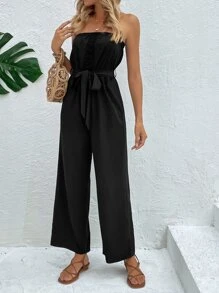 SHEIN Holidaya Solid Belted Tube Jumpsuit - Black - View 6