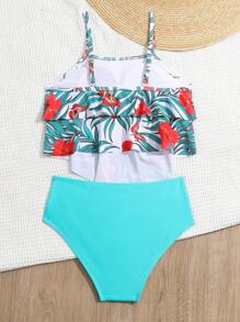 Conjunto de bikini con estampado tropical y ribete de volantes para niña, ideal para el verano y la playa - Multicolor - Ver 2