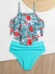 Conjunto de bikini con estampado tropical y ribete de volantes para niña, ideal para el verano y la playa - Multicolor - Ver 3