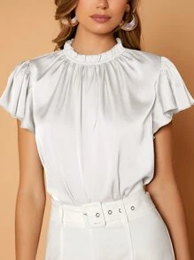 SHEIN Privé 褶邊領蝴蝶袖緞面襯衫 - 白色 - 查看 3