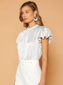 SHEIN Privé 褶邊領蝴蝶袖緞面襯衫 - 白色 - 查看 4