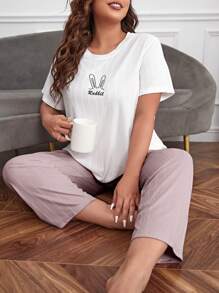 Plus Rabbit & Letter Graphic Tee & Pants PJ Set / Pajama Set - Multicolor - View 1