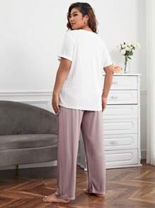 Plus Rabbit & Letter Graphic Tee & Pants PJ Set / Pajama Set - Multicolor - View 2