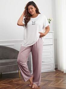 Plus Rabbit & Letter Graphic Tee & Pants PJ Set / Pajama Set - Multicolor - View 4