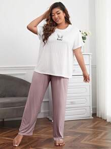 Plus Rabbit & Letter Graphic Tee & Pants PJ Set / Pajama Set - Multicolor - View 5