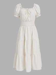 Solid Frill Trim Tie Front Ruffle Hem Dress, School - Beige - View 1