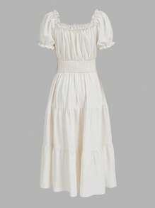 Solid Frill Trim Tie Front Ruffle Hem Dress, School - Beige - View 2