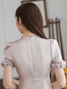 DAZY Twist Front Puff Sleeve Ruched Satin Dress - Baby Pink - View 2