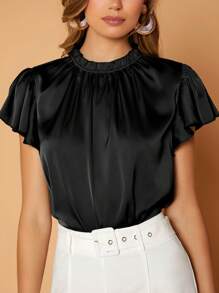 SHEIN Privé Mock Neck Butterfly Sleeve Satin Top