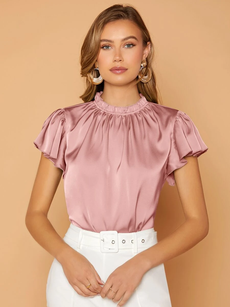 SHEIN Privé Top de cuello con fruncido de manga mariposa de satén - Rosa - Ver 1
