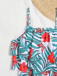 Conjunto de bikini con estampado tropical y ribete de volantes para niña, ideal para el verano y la playa - Multicolor - Ver 5
