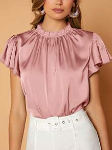 SHEIN Privé Top de cuello con fruncido de manga mariposa de satén - Rosa - Ver 3