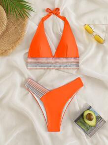 Conjunto de bikini de tirantes halter con cinta de contraste, traje de baño de verano para la playa - Naranja - Ver 8