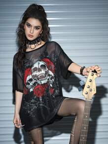 ROMWE Grunge Punk Áo lưới hở vai họa tiết đầu lâu và hoa, đi học - màu đen - Xem 2