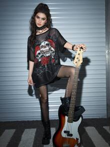 ROMWE Grunge Punk Áo lưới hở vai họa tiết đầu lâu và hoa, đi học - màu đen - Xem 8