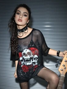 ROMWE Grunge Punk Áo lưới hở vai họa tiết đầu lâu và hoa, đi học - màu đen - Xem 4