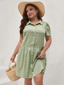 SHEIN Frenchy Đầm Plus Size Nút phía trước màu trơn Dễ thương - Màu xanh Bạc hà - Xem 1