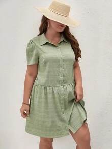 SHEIN Frenchy Đầm Plus Size Nút phía trước màu trơn Dễ thương - Màu xanh Bạc hà - Xem 6