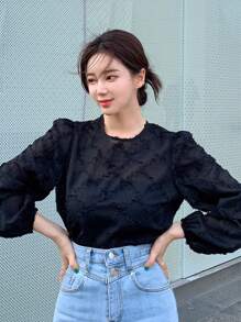 DAZY Solid Lantern Sleeve Zip Back Blouse - Black - View 7